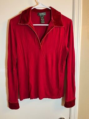 Lauren Ralph Lauren Red Velvet-Trim Long Sleeve Polo